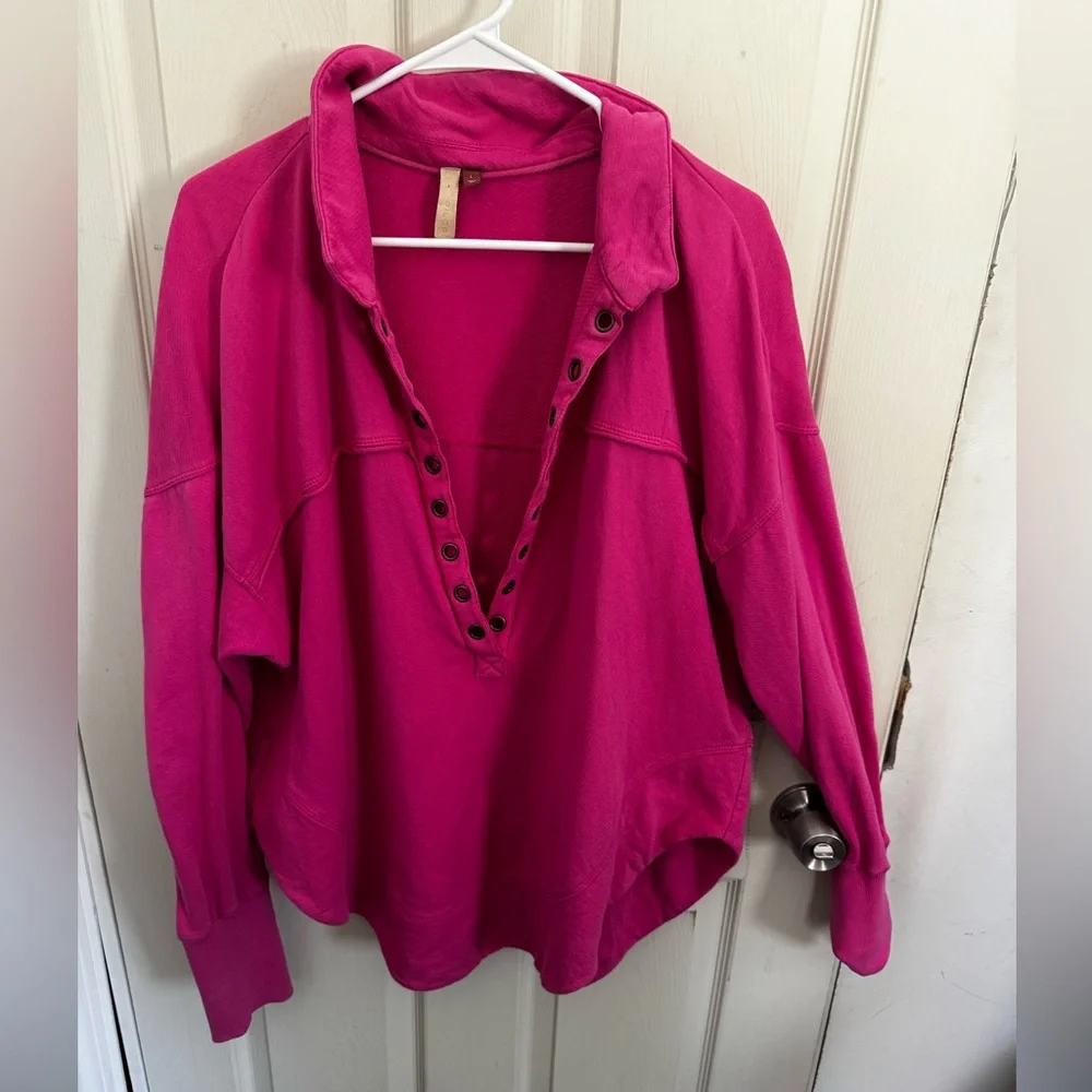 Pilcor Sweatshirt Womens L Pink Collared V Neck Grommet Eyelets Terry Pullover - Picture 1 of 14